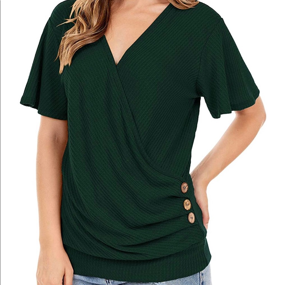 V-Neck Short Sleeve Button Waffle Cross Wrap Top